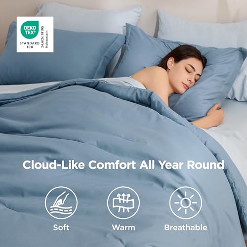 Image of Bedsure Queen Comforter Set - 7 Pieces Grayish Blue Queen Bedding Set for All Seasons, Boho Contrasting Design Bed in a Bag with Comforter, Sheets, Pillowcases & Shams