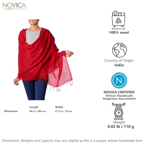 NOVICA Artisan Handmade Wool Shawl Women's Red All Woven from India Accessories Solid 'Valley of Kashmir in Red'4