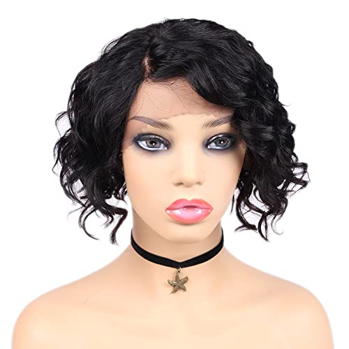 Wiger Short Lace Front Wigs Human Hair For Women Short Curly Bob Wig Black Wavy Lace Wig Black Pixie Cut Wig Brazilian Virgin Human Hair Curly Wigs 180% Density Side Part #TOP2