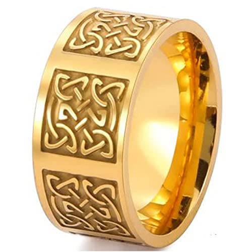 Fantasy Forge Jewelry Gold Celtic Knotwork Ring Unisex Stainless Steel Norse Viking Wedding Band 10mm Sizes 8-11.5