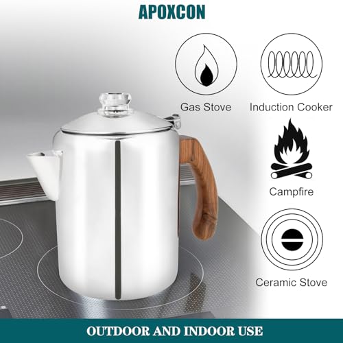 APOXCON Kaffee-Perkolatorkanne aus Edelstahl mit robustem Glasknopf und behandeltem Massivholzgriff und tropffreiem Ausgießer, Camping-Kaffeekanne, Verwendung auf jedem Herd, kein Aluminium