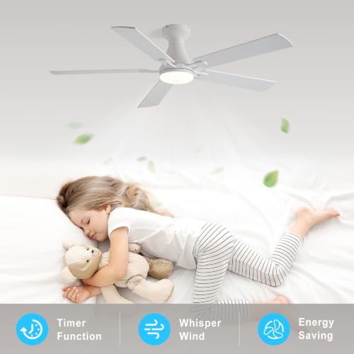 Image of Depuley Modern Ceiling Fan with Light: 42-Inch White Flush Mount Fandelier | Bedroom Indoor Outdoor Use, 5 Reversible Wood Blades, 6 Fan Speeds, Timing Function, Dimmable 3CCT, Remote Control Included