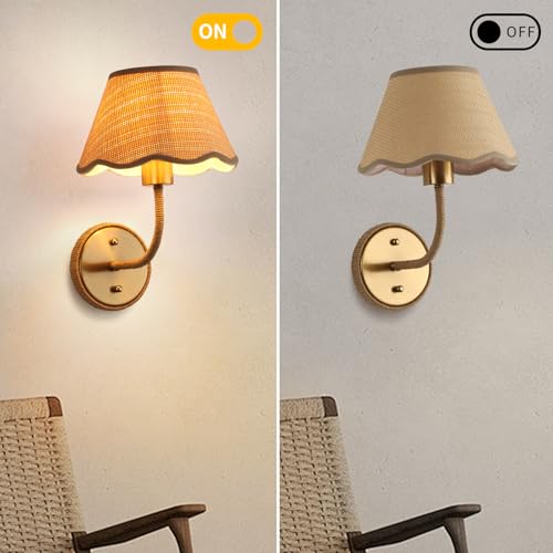Image of Rattan Wall Sconce, Boho Hand-Woven Gold Wall Light, Set of 2