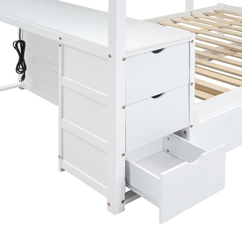 Jintop Full-Over-Full Bunk Bed with Twin Size Trundle,2 USB Ports and Desk,Bedroom Wood Bed Frame W/Storage & Two Three-Holes Plugs,Full-Length Guardrail,for Kid Boy Girl,White by Jintop - Image 5