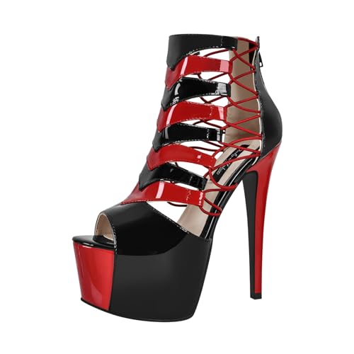 richealnini Women's Sexy Peep Toe Platfrom Sandals Stilettos-Spikes Ankle Strap Zip Up Stiletto High Heels T-Strap Fishnets Crisscross Strappy Sandals Punk Motorcycle Club Wedding Party Black Size 13 by richealnini - Used condition - Image 7