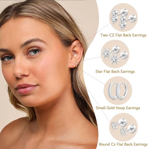 Hypoallergenic Flat Back Earrings for Women: 14K Gold Plated Surgical Stainless Steel Screw Flatback Stud Earrings Sterling Silver Small Huggie Hoop Earrings for Cartilage Earring Sets for Multiple Piercing2