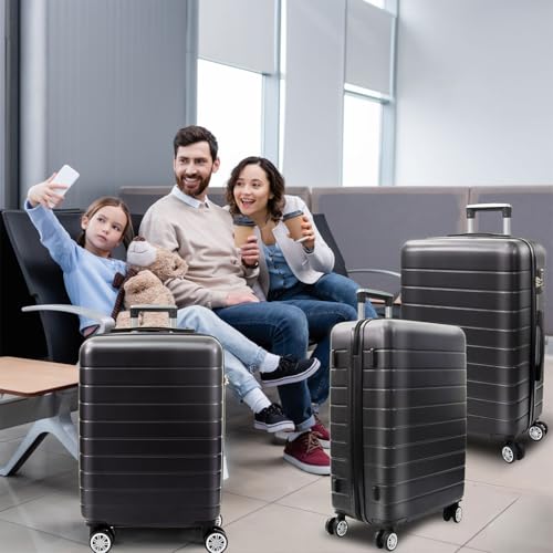 3 Piece Luggage, Modern Lightweight Suitcase with Hooks and Spinner Wheels Hard Shell Carry On Luggage with Password Lock and Telescopic Rod for Business Travel Domestic Foreign Travel,Black2