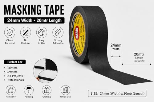 Image of Mario Black Masking Tape - 20 Meter Length, 24mm Width - Durable Painter's Masking Tape for Wall, Floor & Art Craft - Easy Tear, Clean Removal - Pack of 2 Rolls