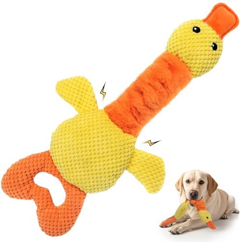 TwoEar Duck Dog Toy with Crinkle Paper, Interactive Tug of War Dog Toy, Stuffed Squeaky Toys for Puppies, Small, Medium, and Large Dogs Yellow