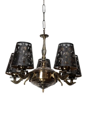 Image of Devansh 05 Lights Metal Etched Shade with Antique Golden Chandelier -Z