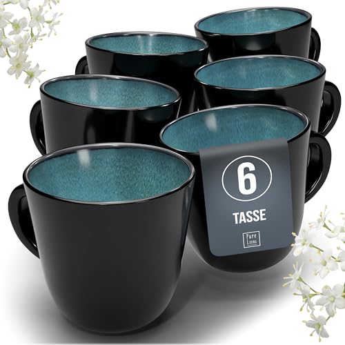 Steingut Kaffeetassen 6 Pers. Ibiza Hochwertiges Mediterranes TEST SEHR GUT Tassen Set, Spülmaschinen-, Mikrowellen- und Kratzfest - Stylisches Tee- und Kaffeebecher Set - Pure Living in Petrol