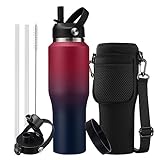 Stainless Steel Tumblers with Straw 32 oz- Vacuum Insulated Water Bottle Flask for Car Office Gym, C
