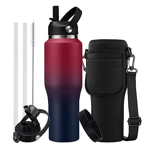 Stainless Steel Tumblers With Straw 32 Oz- Vacuum Insulated Water Bottle Flask For Car Office Gym, Cold-48H & Hot-24H, Water Flask With Straw & Spout Lids, Thermal Water Bottle Pouch & Silicone Boot #TOP8