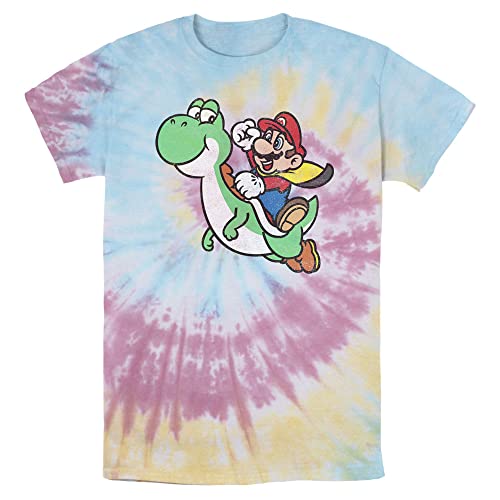 Image of Nintendo Mario Yoshi Jump Young Men's Short Sleeve Tee Shirt, Blue/Pink/Light Yellow, Medium