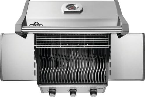 Image of Napoleon Rogue 425 3-Burner Propane Grill | Stainless Steel, Outdoor BBQ, 42,000 BTUs, 571in Area, Instant Ignition, Folding Shelves, Warming Rack, Locking Wheels