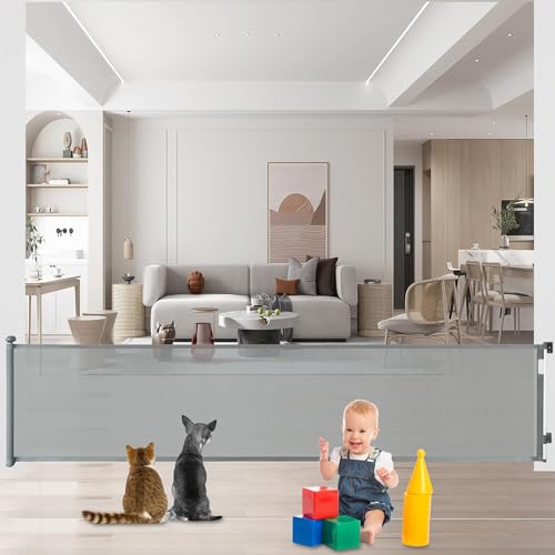 Baby Gate Retractable Gates for Stairs, Mesh Dog Gate for The House, Wide Pet Gate 33" Tall, Extends to 126" Wide, Long Child Safety Gates for Stairs, Hallways, Indoor/Outdoor, Cat Gate (Grey)