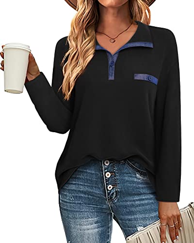 VAFOLY Damen Langarm V-Ausschnitt Knopf Tunika Tops Casual Lose Patchwork Pullover Sweatshirts, schwarz, XXL Cover
