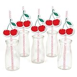 Big Dot of Happiness Cherry On Top Straw Decor, Red Fruit-Themed Birthday Party Supplies, Set of Cherry Cutouts and Pink Striped Decorative Paper Straws - 24 Count