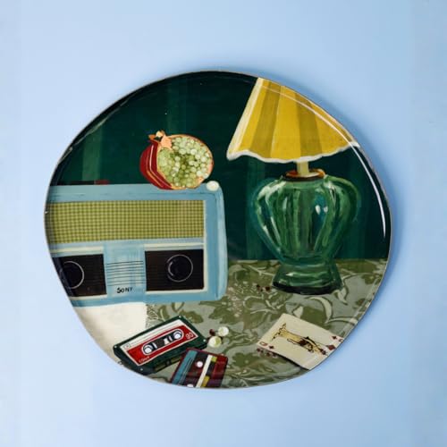 Image of The Wishing Chair Retro Beat Metal Wall Plate | Decorative Retro Wall Art with Lamp, Radio, Tapes & Playing Card | Vintage-Inspired Nostalgic Home Decor Accent - 24 x 26 cm