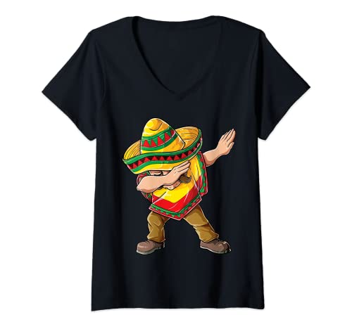 Donna Dabbing Mexican Poncho Cinco de Mayo Boys Kids Dab Sombrero Maglietta con Collo a V
