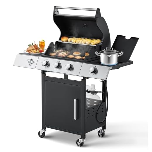MELLCOM 3 Burner BBQ Propane Gas Grill with Cast Iron Grates & Side Stove, 36,000 BTU Stainless Steel Burner Barbecue Grill for Patio,Camping, Outdoor Cooking