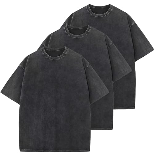 3 Pcs Oversized Heavy Cotton Summer T-Shirts Vintage Unisex Short Sleeves Casual Loose Basic Tops(Black+Black+Black L)
