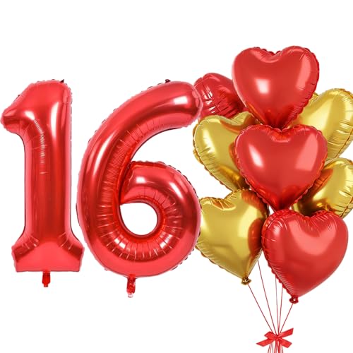 Rot Luftballon 16， Folienballon Zahl 16, Herz Folienballon Rot Gold, 40 Zoll Helium Ballon 16 & 61 mit Herz Luftballons, Luftballon 16.Geburtstag Dekor-Set für Geburtstag Jubiläum Party Deko