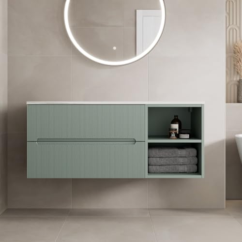 Image of Vitusso® 1200mm Bathroom Vanity Unit White Marble Countertop Wall Hung Drawer Unit With Shelves Storage Furniture Matt Green, No Basin RH Shelves