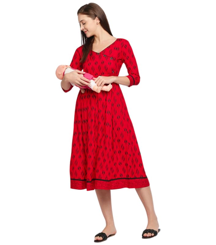 Image of DUMMY SHAPE Feeding Kurtis for Women Cotton Rayon | Printed Pregnancy Flare Kurta with Nursing Zippers to Pre & Post Partum | Maternity Dresses | Gifts for Pregnant Woman