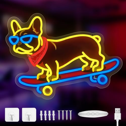 Image of French Bulldog Skateboarding Neon Sign, Skateboard Dog Frenchie Wearing Glasses Neon Signs | Dimmable LED Bulldog Wall Art Decor | Frenchie Dog Lover Gifts