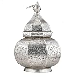 Marrakesch Lampe und Laterne in einem aus Metall 30 cm groß | Tischlampe Windlicht Lamisa Silber als Orientalische Dekoration