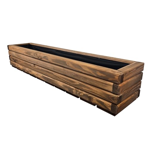 HolzGarden Jardinera de Madera con Fieltro 118x25x25 cm Madera Maciza Impregnada Color Teca Macetero Exterior para Jardín Balcón y Terraza Resistente a la Intemperie 43L Macetas Decorativa