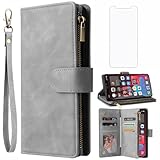 Asuwish Handyhülle für iPhone 12 Pro iPhone12Hülle Hülle mit Folie Schutzfolie und Kartenfach Klappbar Leder Geldbörse Ständer i 12Pro Plus 12hülle 6.1 Handy Hüllen Schutzhülle Wallet Phone Case Grau