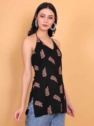Image of FIMS - Fashion is my style Rayon Short Kurti for Women, Ethnic Printed, Black Sleeveless Kurtis, Summer Wear, Ideal Gift for Girls