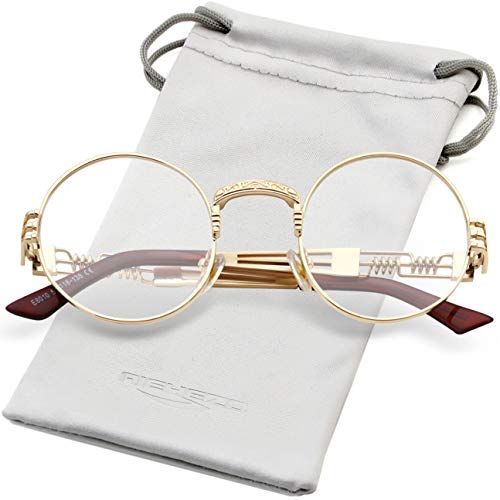 Round Steampunk Sunglasses John Lennon Hippie Glasses Metal Frame 100% UV Blocking Lens (Gold/Transparent)