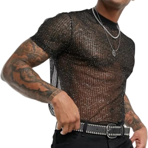 Mens Lace Shirt Sexy Sheer Top See Through Short Sleeve Glitter Undershirts Male Mesh T-Shirt