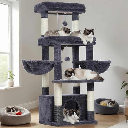 Hey-brother Cat Tree Tower, Scratching Posts with Extra Large Platform, Specious Condo, 2 Cozy Hammocks, Self-Grooming Brush for Indoor Adult Cats, Maine Coon 47.2 inches, Smoky Gray MPJ070G