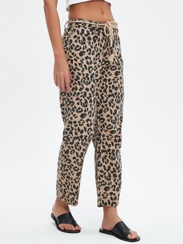 Distressed Baggy Jeans for Woman Leopard Mid Waist Wide Leg Denim Cargo Pants with Pockets Drawstring3