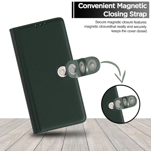 Image of Pikkme Flip Cover Leather Finish | Inside TPU with Card Pockets | Wallet Stand and Shock Proof | Complete Protection Button Flip Case for Vivo V40e 5G / iQOO Z9s 5G(Green)