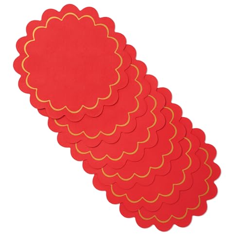 Image of kate spade new york Scallop Edge Round Reversible Placemats 6-Pack Set, Imitation Leather with Metallic Print, Water Resistant, Easy Wipe Clean, Red /Gold, 15 inch Round
