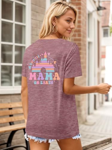 Image of Magical Shirt for Women Happiest Mama On Earth Graphic Tees Funny Mom Gifts Family Holiday Vacation Tops Pink