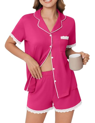 Ekouaer Womens Short Sleeve Pajamas Set Soft Sleepwear Button Down Lounge Set Lace Top and Shorts Pj Nightwear