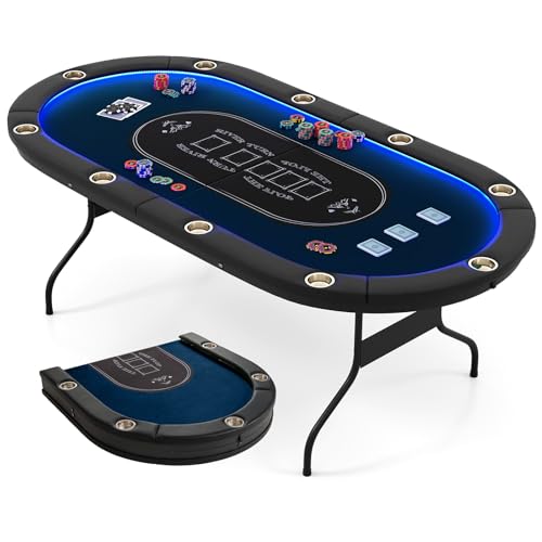 Goplus 84" Foldable Poker Table with LED Lights, 10 Players