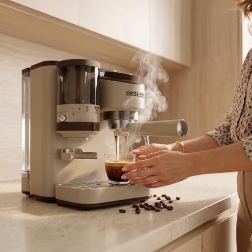 Image of NESTER Home Barista Coffee Machine - 20 Bar Italian Ulka Pressure Pump, Built-in Grinder, BrewCore Technology, PID Temperature Control, Espresso, Americano, Steam & Pod Compatible - Dalgona Brown