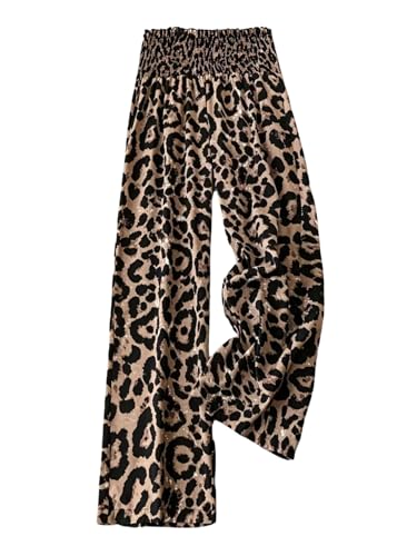 Women's Leopard Print Wide Leg Paperbag Pants Elastic High Waisted Casual Loose Trousers