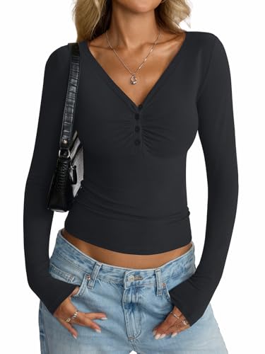 Women Cotton Long Sleeve Henley Shirts V Neck Front Ruched Tops Sexy Low Cut Fitted T-Shirt Trendy Fall 20254