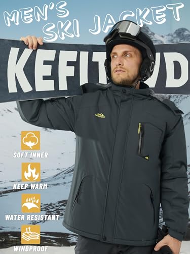 Miniatura 2 de Kefitevd Chaqueta Esquí Impermeable Cálida Para Hombres Chaquetas Térmicas Lana Deportes Invierno Abrigo Con Capucha Desmontable,Gris,Xl