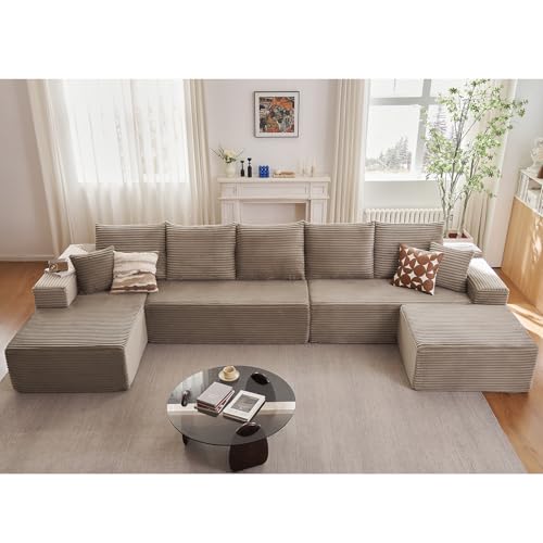 Image of Lakifun 166.9 inch L-Shape Sofa with Ottoman, Modern Modular Sectional Comfy U-Shape Cloud Couch, Deep Seat, Upholstered Corduroy Sleeper Chaise Longue for Living Room Bedroom, No Assembly Required, Camel