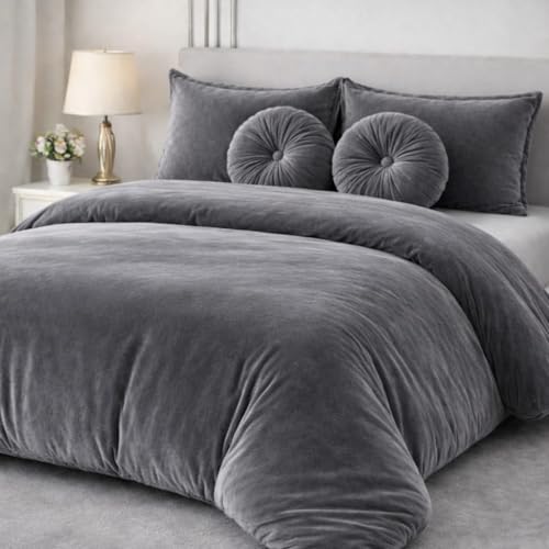 Image of Sands Luxurious 6Pc Bedding Set for Winter, 1 Double Duvet Cover,1 Double Bed bedsheet, 2 Pillow Covers, 2 Round Cushions, Ultra Soft Woollen Bedsheet Set- 90X100 inches (Grey)
