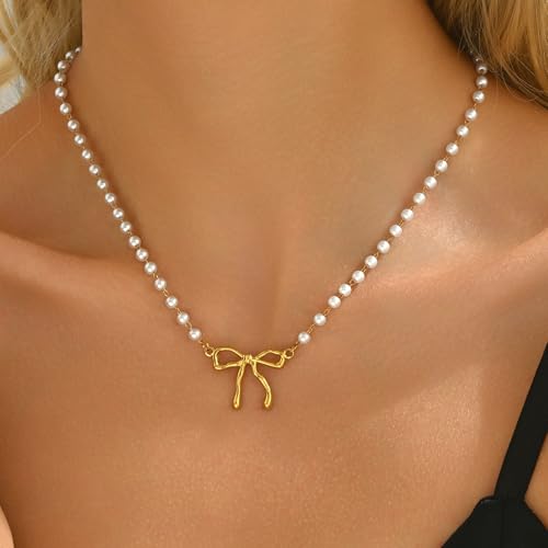 Gold Necklace for Women 18K Gold Plated Bow Necklace Cute Small Bow Pendant Necklace Dainty Bow Pearl Necklace Trendy Bow Jewelry Gift2